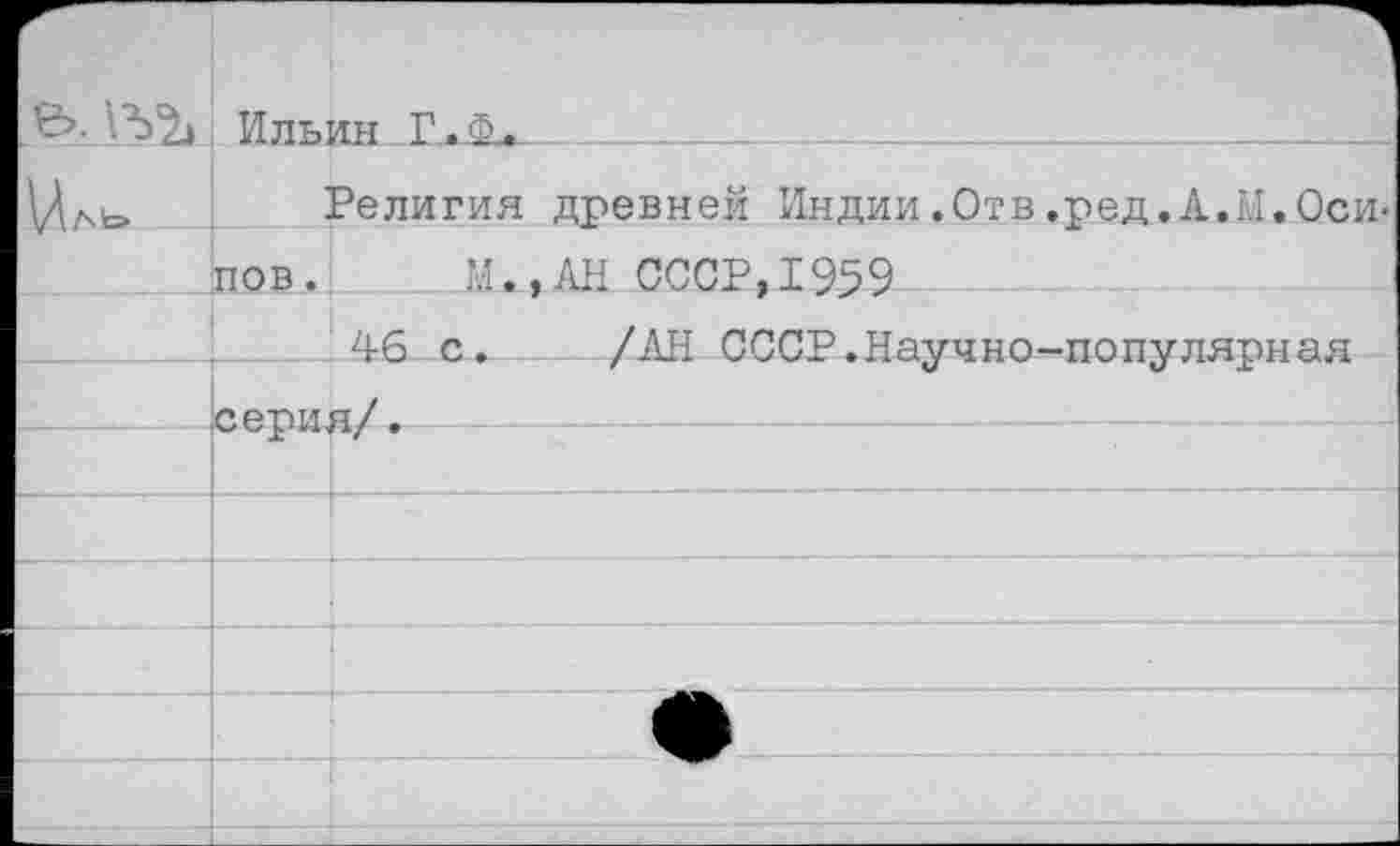 ﻿Ильин _Г,Ф-.______—
Религия древней Индии.Отв.ред.А.И.Осипов.	М.ДН СССР, 1959
46 с. /АН СССР.Научно-популярная серия/.